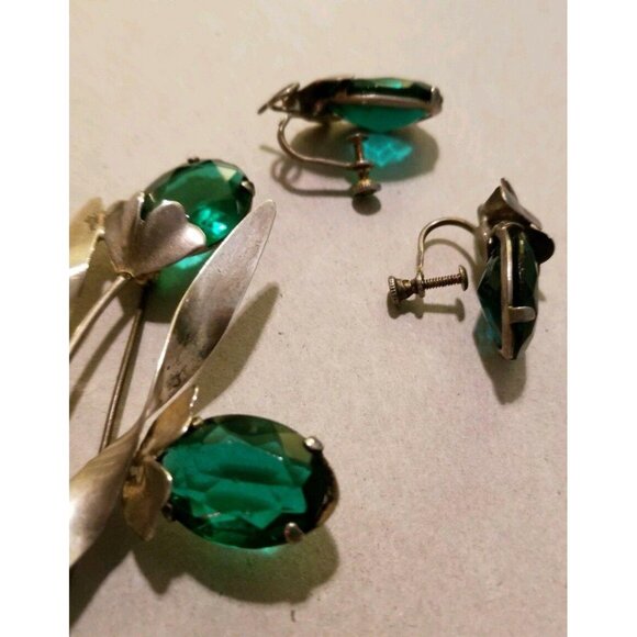 Sterling Silver Green Stone Floral Brooch Pin and Earring Set Celibity Owned JS6 - Picture 4 of 9